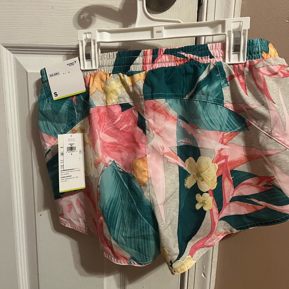 NWT, Old Navy running shorts, size small, tropical pattern